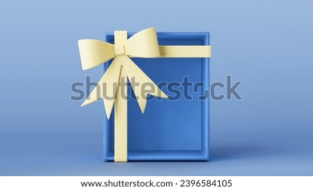 3D render illustration. Empty stand or blank gift box to showcase products. Open blue box with a yellow bow on a blue background. Birthday, Valentine's Day, New Year, Women's Day,Black Friday.