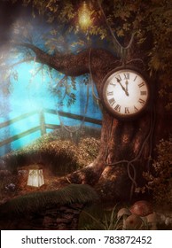 3D Render Illustration Of An Enchanting Clock Tree Time Fantasy Scenario In A Forest