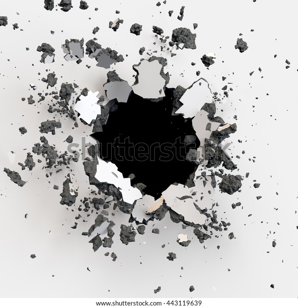 3dレンダリング 3dイラスト 爆発 ひび割れたコンクリート壁 銃弾穴 破壊 抽象的な背景 のイラスト素材 443119639