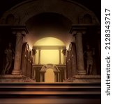 3d render illustration of fantasy ancient greek temple with stone statues and columns and arches.