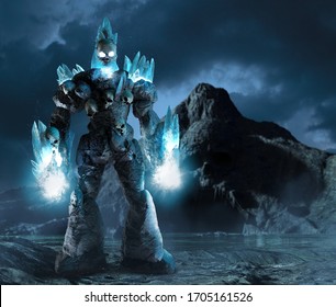 3d render illustration of fantasy ice golem creature with human skulls and glowing hands standing on skeleton cave sea shore background.