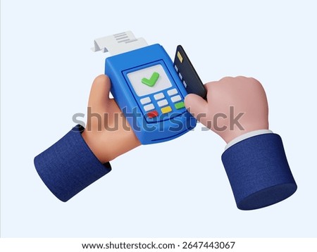 A 3D render illustration featuring hands engaged in a successful transaction using a credit card and a payment terminal.