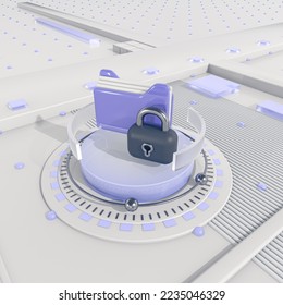 3d render illustration. File icon with folders and lock on abstract geometric background.