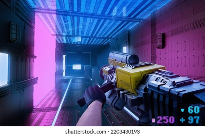 3d Render Illustration Of First Person View Shooter Game Arms Holding Futuristic Gun Or Rifle On Sci-fi Spaceship Corridor Background.