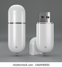 3d render illustration of a flashdrive mockup on grey background. Front view.