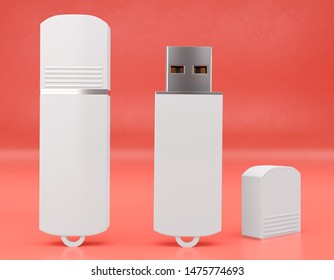 3d render illustration of a flashdrive mockup on color background. Front view.