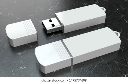 3d render illustration of a flashdrive mockup on black marble background. Perspective view.