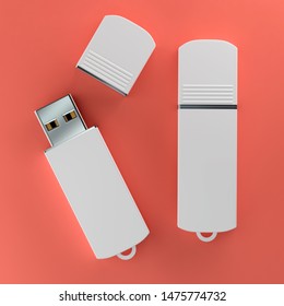3d render illustration of a flashdrive mockup on color background. Top view.