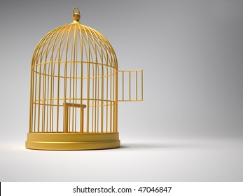 3d render illustration of golden bird cage