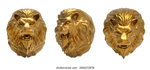 3d Render Illustration Of Golden Metal Lion Head In Different Angles.