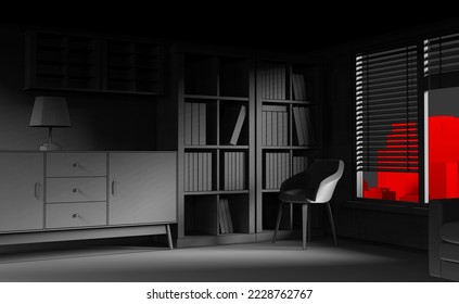 3d render illustration of gray colored toon style dark room with red cityscape background. - Powered by Shutterstock