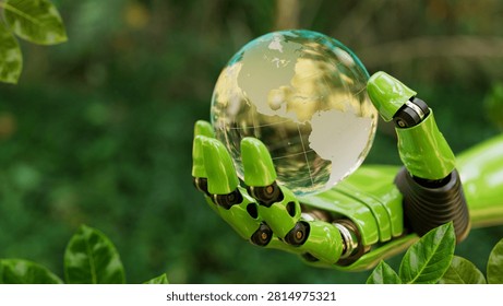 3D render, illustration of a green robotic hand holding a glass globe in a forest, symbolizing sustainable technology, eco innovation, and environmental protection.Keywords — 45 คำ