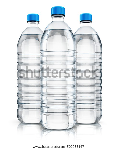 白い背景に反射効果と 3つのプラスチックボトルと澄んだ清涼飲料水の炭酸水のグループの3dレンダリングイラスト のイラスト素材