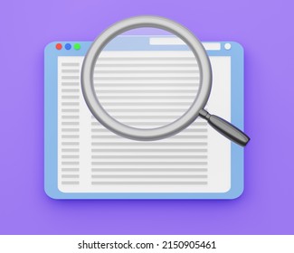 3d render illustration internet browser window with magnifier and Search bar. Searching information data on internet networking concept.