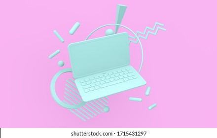  3d Render Illustration Of Laptop On Abstract Geometric Background. Modern Trendy Design. Pink And Blue Colors.