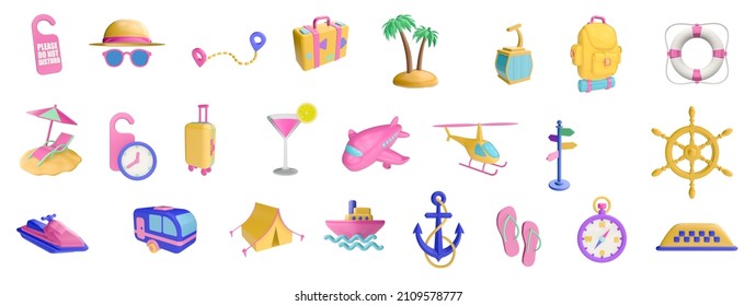 3d render illustration. 
a large collection of icons on the theme of travel. Modern trendy design. Simple images for web and app. Isolated on white background.