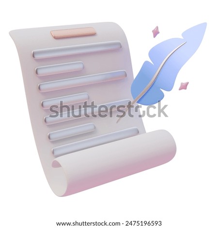 3d render illustration of magic contract deal signed with a blue magic feather. Magic element. 3d illustration design for web site mobile app or brand