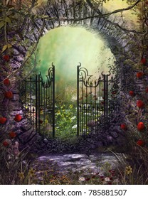 3D render illustration of an magical old gate with ivy and flowers leading to an enchanting garden