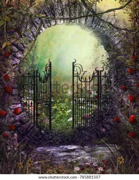 ツタと花を持つ魔法の古い門が魅力的な庭につながる3dレンダリングイラスト のイラスト素材