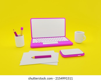 3d render illustration Minimal Laptop computer and smartphone front view with blank white screen. Isolated on yellow background.