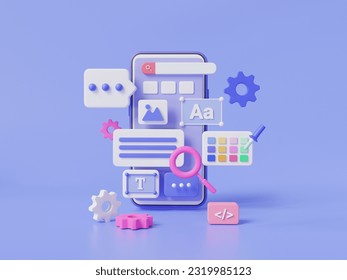 3d render illustration of Mobile application and website platform development. UI-UX design, user interface website building, software development, internet website create, coding programing