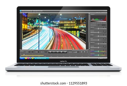3D render illustration of modern laptop or notebook computer PC with professional video footage editing production software program app on the screen display or monitor isolated on white background