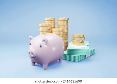 3D render illustration of money saving and business growth concept with piggy bank and coins and wealth banknotes.