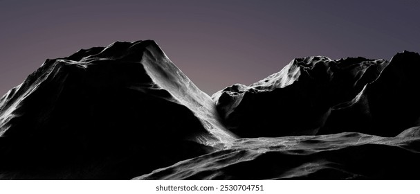 3d render illustration A mountain range is shown in black and white with a purple sky in the background. 3D Illustration