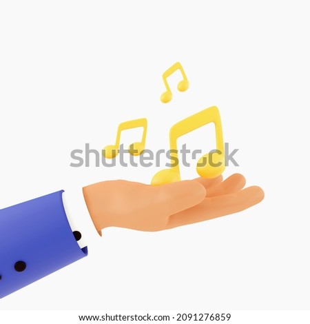 3d render illustration music note on cartoon hand white background. 3d rendering icon hand with music note illustration 3d render