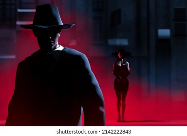 3d Render Illustration Of Noir Style Detective Or Gangster Male In Suit And Hat With Sexy Lady Standing On Blue Toned Street Night With Red Fog Background.