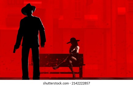 3d Render Illustration Of Noir Style Detective Or Gangster Male In Suit, Hat And Gun With Lady Sitting On Red Toned Street Night Background.