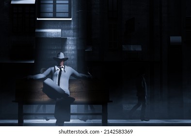 3d Render Illustration Of Noir Style Detective Or Gangster Male In Suit And Hat Sitting On Bench On Night Street Pavement Background.