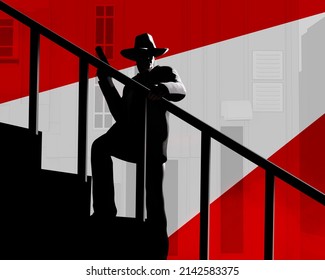 3d Render Illustration Of Noir Style Detective Or Gangster Male In Suit And Hat Walking Stairs With Gun On Red Colored Street Night With Ray Background.