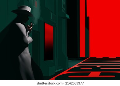 3d Render Illustration Of Noir Style Detective Or Gangster Male In Suit And Hat Standing Smoking On Neon Red And Blue Colored Street Night Background.