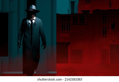 3d Render Illustration Of Noir Style Detective Or Gangster Male In Suit And Hat Standing On Neon Street Night Background.