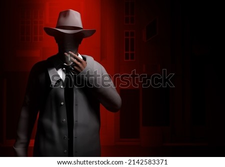 3d render illustration of noir style detective or gangster male in suit and hat standing and smoking on neon red street night background.