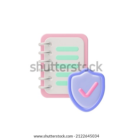 3d render illustration of notepad with protection icon. Can be used for  web and app. Modern trendy design. Isolated on white background.