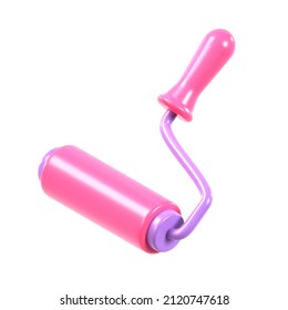 3d render illustration paint roller isolated on white background. Pink paint roller brush icon in cartoon style. Tool for painting and renovation. Construction tool.