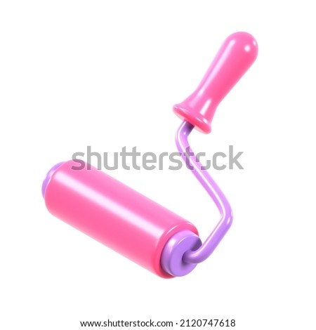 3d render illustration paint roller isolated on white background. Pink paint roller brush icon in cartoon style. Tool for painting and renovation. Construction tool.