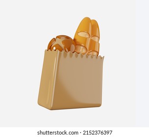 3d Render Illustration Of Paper Bag With Assorted Bread And Pastry Isolated On White. Minimal Food Icon