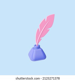 3d render illustration of pen and inkwell. Simple icon for web and app. Modern trendy design. Isolated on blue background.