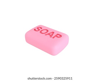 3D render illustration of a pink soap bar with the word 