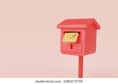 3d render illustration of Postbox with envelope. Mail delivery concept. Mailbox, Post office, Sent mail message, Incoming mail, Receive envelope, Message, email icon, Newsletter. Minimal cartoon
