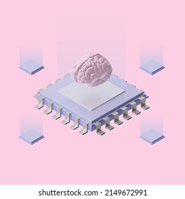 3d render illustration of .processor and brain artificial intelligence
 Simple icon for web and app. Modern trendy design. Isolated on pink background.