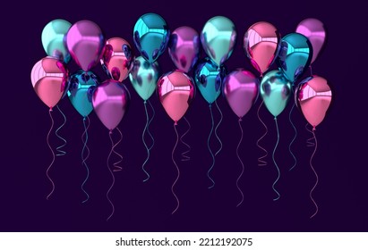 3d Render Illustration Of Realistic Blue, Purple And Pink Foil Balloons. Empty Space For Party, Promotion Social Media Banners, Posters.