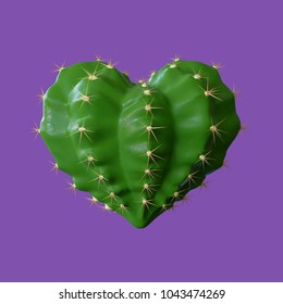 3d Render Illustration Of A Realistic Green Cactus In A Heart Shape Concept For Valentine'day, Broken Heart, Love It's Hurt, Painful Love, Isolated On Purple. 