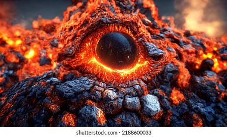 3d Render Illustration Realistic Lava Monster Eye Glowing Red