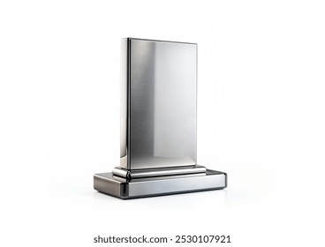 3d render illustration for a rectangular modern futuristic metal stand with a metal base blank mockup isolated on a white background