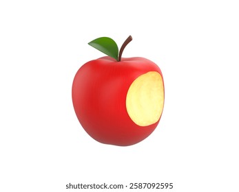 3D render illustration of a red apple with a single bite taken out of it. The cartoon-style design features a smooth, shiny surface, a green leaf, and a realistic interior texture. Perfect for food 