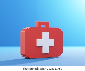 3d Render Illustration Red Color First Aid Kit On A Blue Background. Isometric Computer Illustration. Medical Paramedic Survival First Aid Kit Bag With Handle 3d Icon Concept.